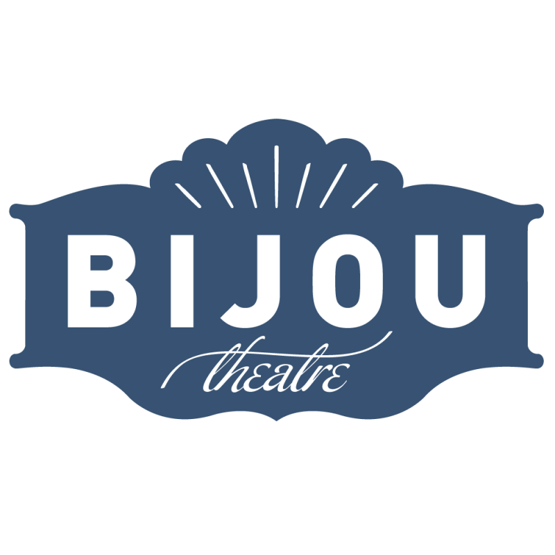 The logo for the Bijou Theatre. It is a traditional show sign in light blue coloring. 