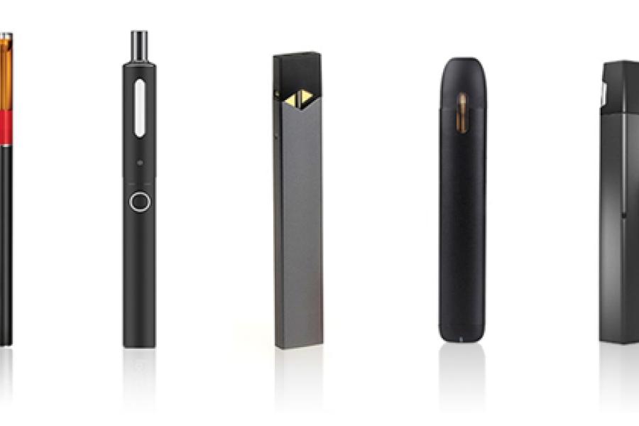 Five types of e-cigarettes on a white background