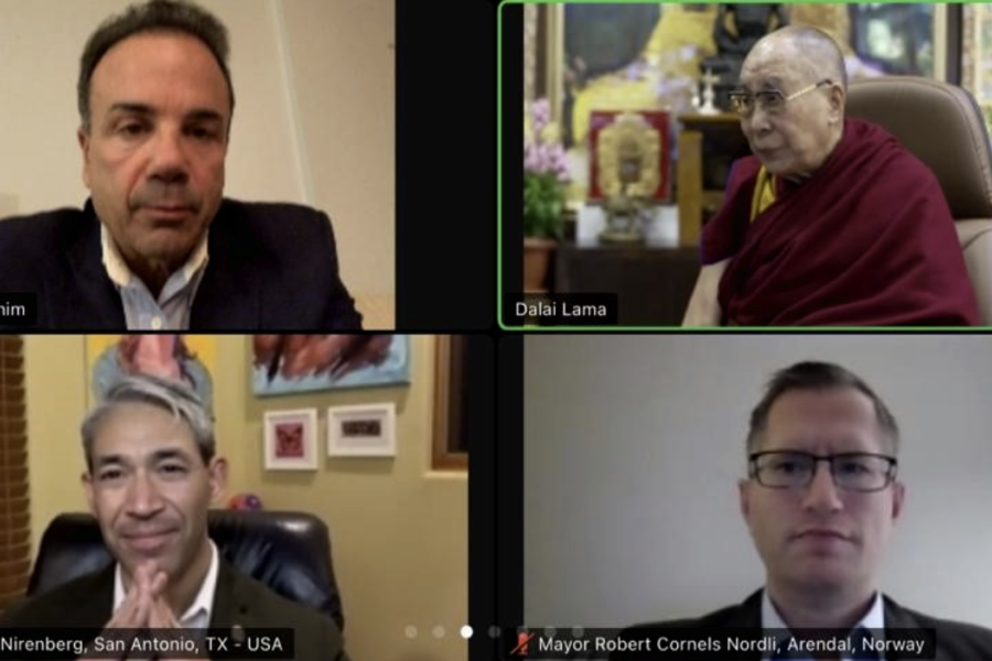 A zoom meeting screenshot featuring the Dalai Lama, Mayor Ganim, and two other Mayors