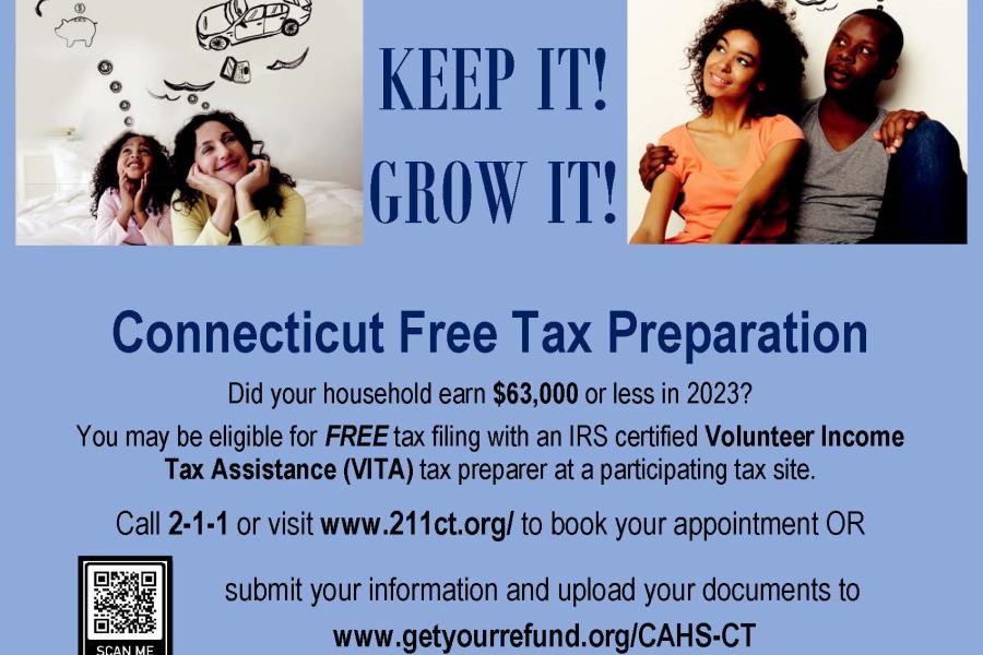 Flyer for the Greater Bridgeport Volunteer Income Tax (VITA) Kickoff discussing where participants can go to receive free tax preparation for households who made $63,000 or less in 2023