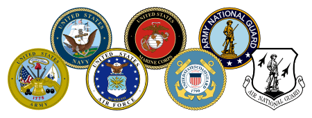A group of seals including Army, Navy, Air Force, Marine Corps, Coast Guard, Army National Guard, and Air National Guard.
