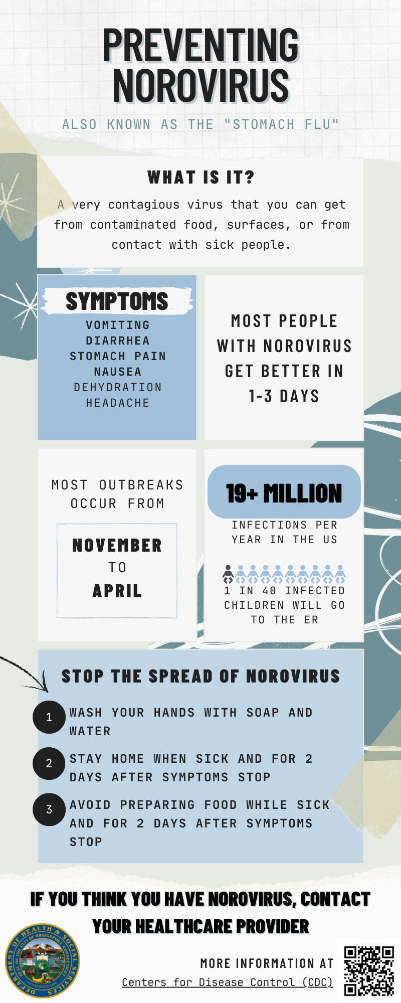 Infographic showing the incidence of norovirus infections as well as tips for prevention