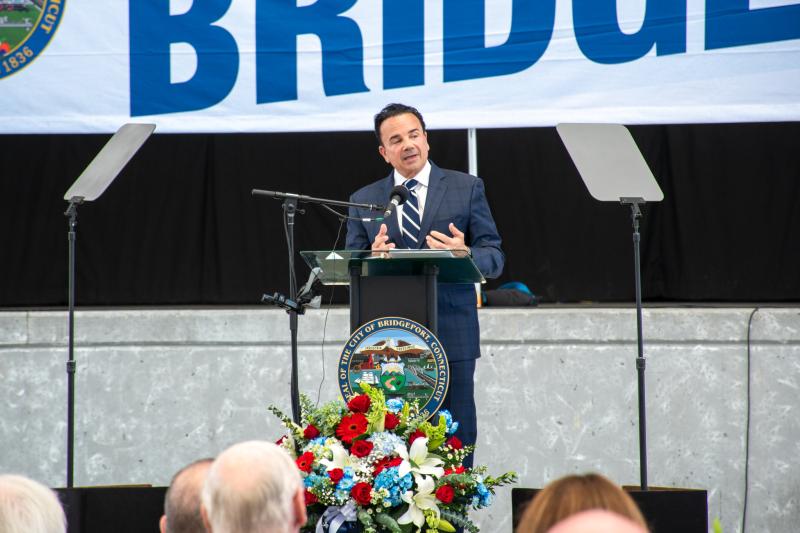 Photo of Mayor Ganim giving his speech at the 2024 State of the City Address at Hartford Healthcare Amphitheater